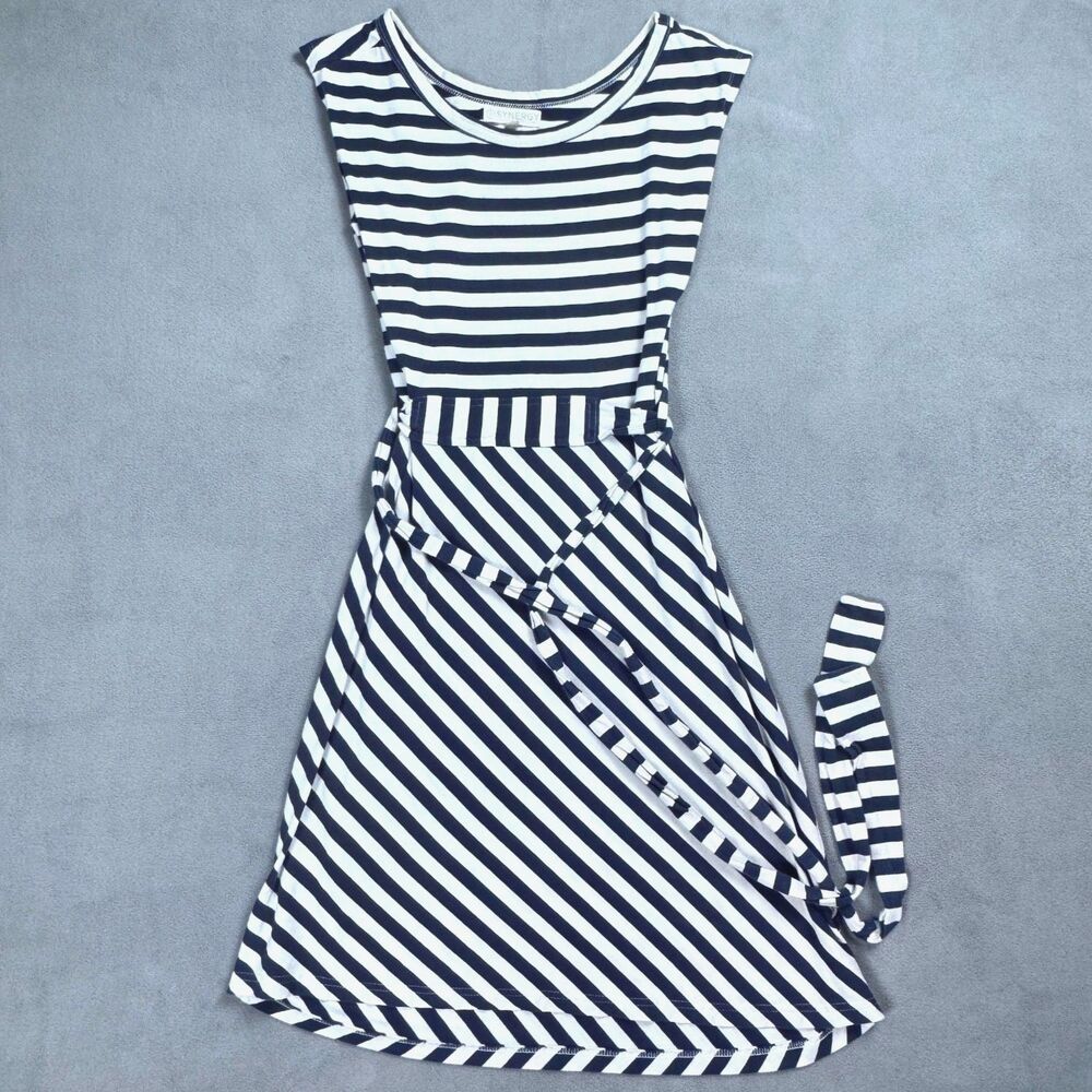 Synergy Organic Cotton Navy Blue and White Striped Dress L
